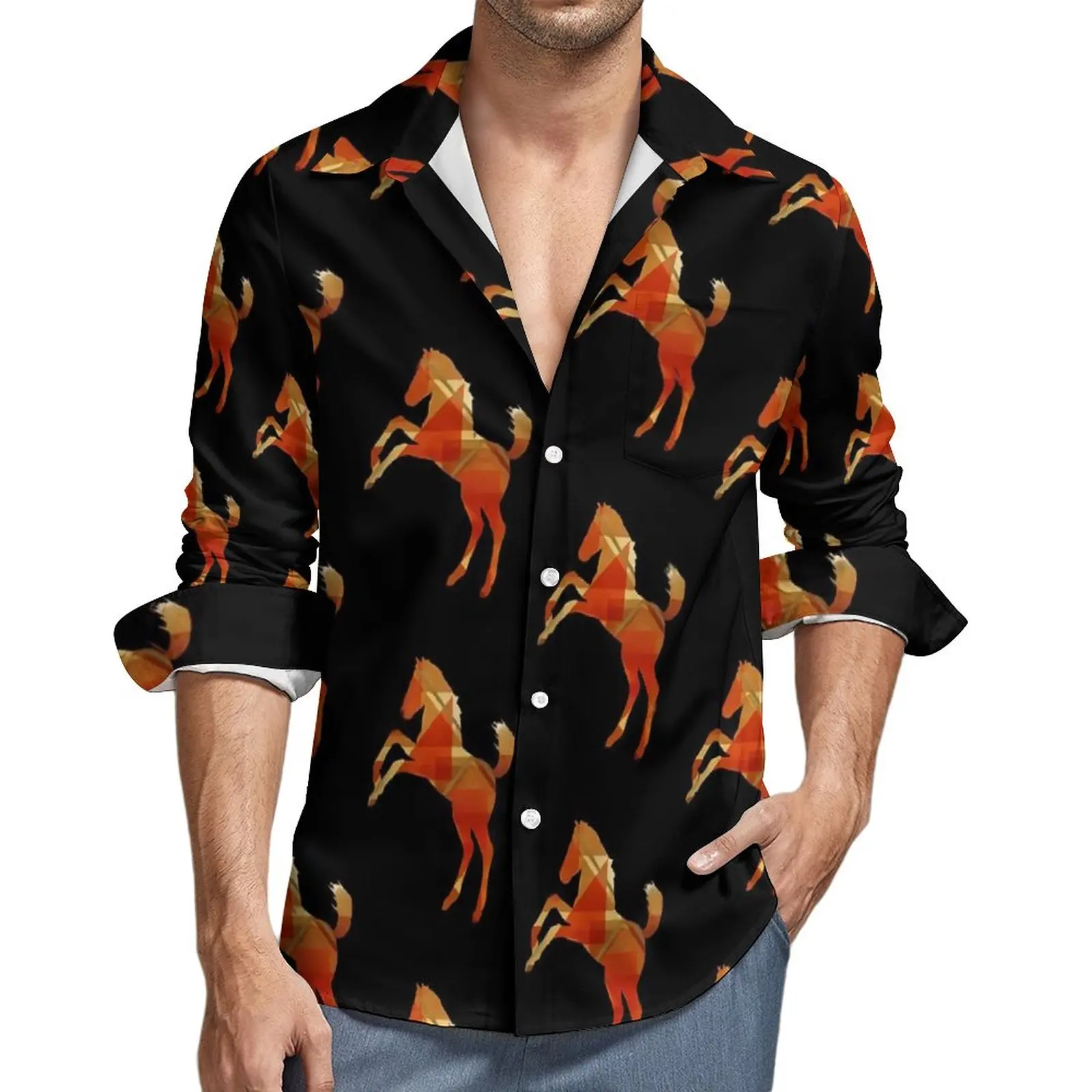 

Рубашка с рисунком лошади мужская, повседневная свободная блузка с геометрическим принтом, с длинным рукавом, смешная одежда, большие размеры, осень