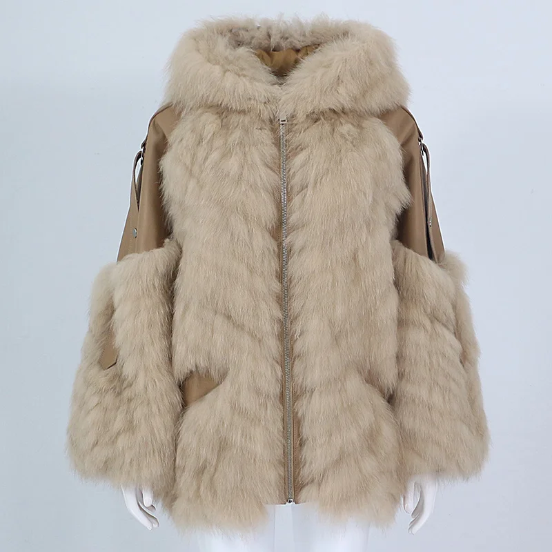 

genuine Luxury brand 2023 Real Fur Coat Winter Jacket Women Natural Fox Fur Hooded Sheep Genuine Leather Outerwear Streetwear Th