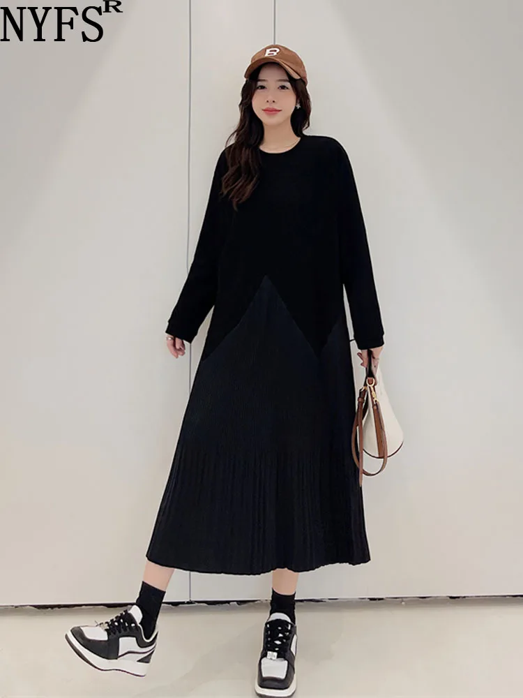 

NYFS 2023 Autumn New Korea Woman Dress Vestidos Robe Elbise Loose Plus Size Patchwork pleated Long Dresses