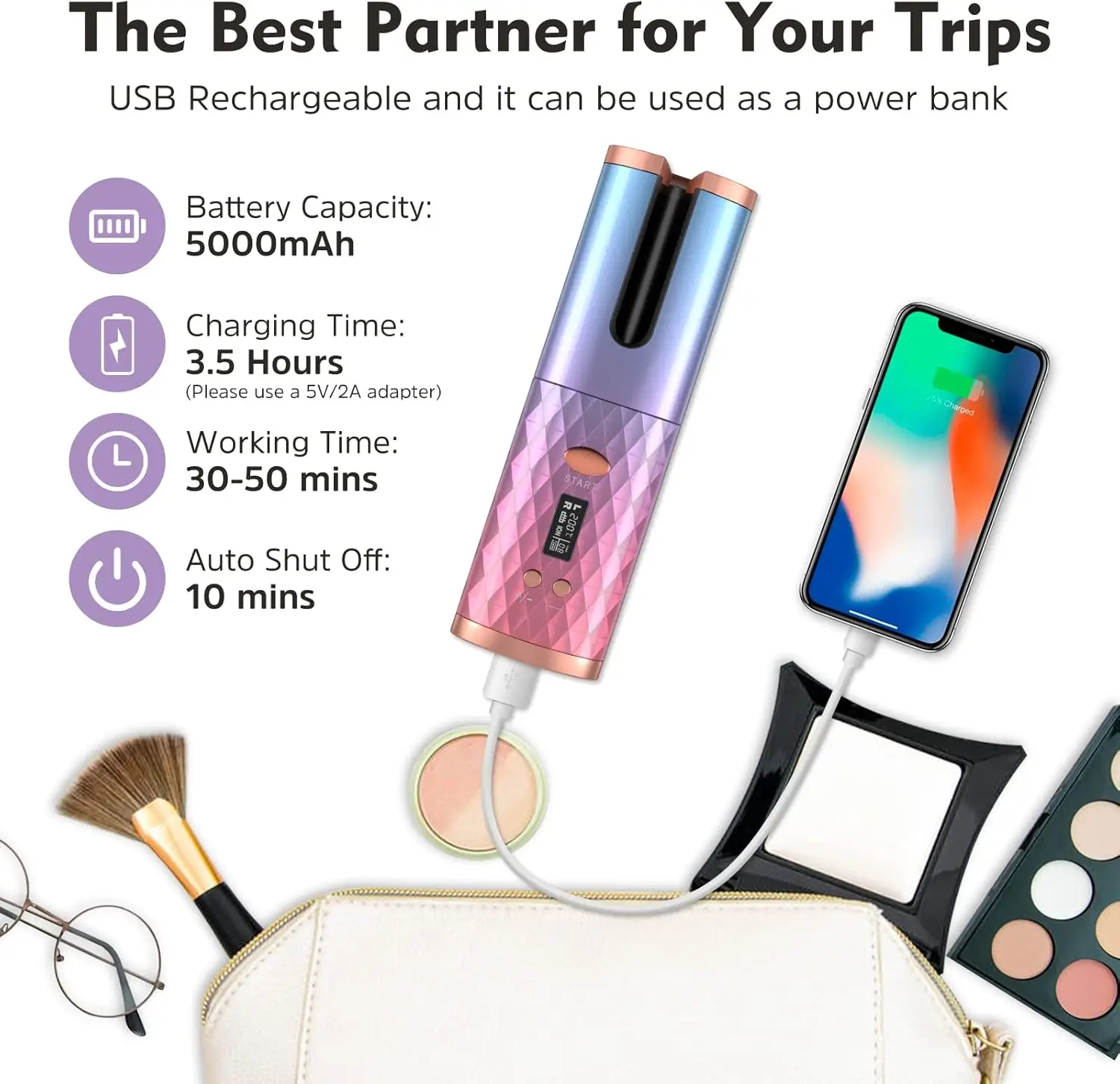 Вращающаяся щипцы для завивки длиной 1 дюйм беспроводная автоматическая с