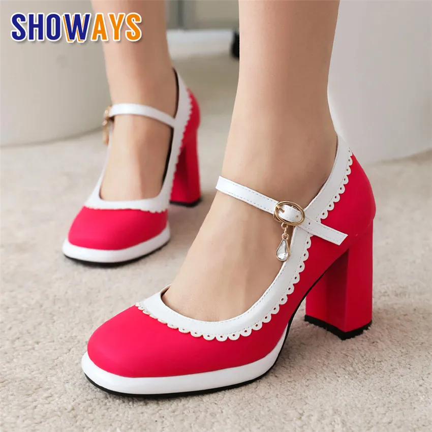 

Plus Size Rosy Red Satin Mary Janes Women High Thick Heels Spring Summer Club Party Office Lady Fashion Round Toe Platform Pumps