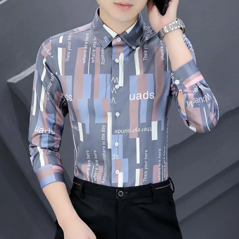 Stylish Lapel Button Spliced Printed Letter Shirts Men's Clothing 2022 Autumn New Oversized Casual Tops All-match Korean Shirt