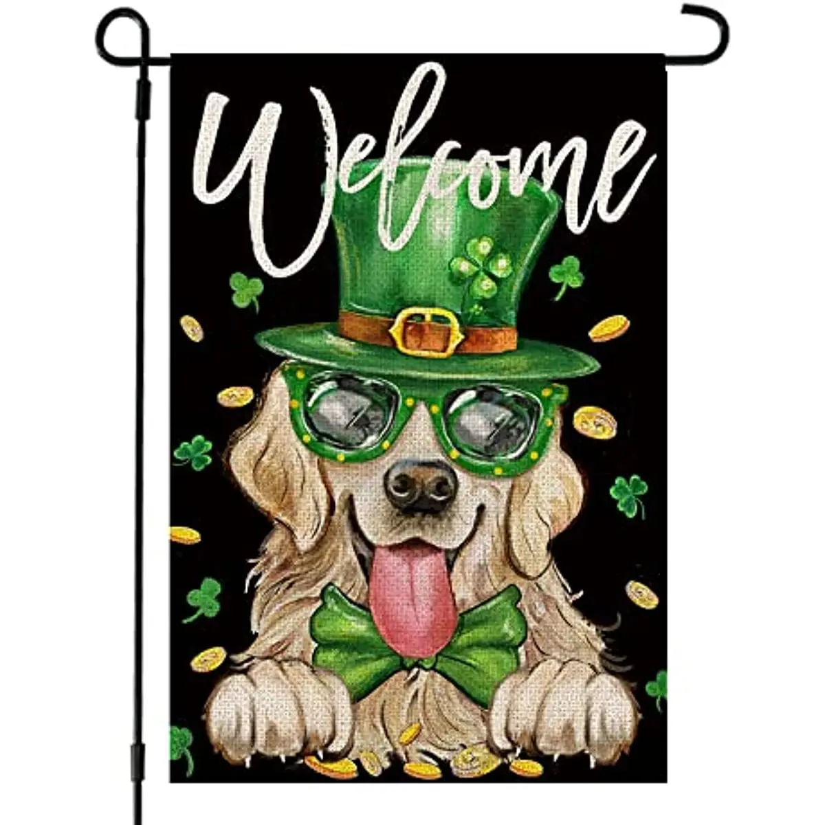 

St. Patrick's Day Dog Garden Banner Golden Retriever Small Burlap Shamrock Green Hat Gold Welcome Yard Holiday Decor