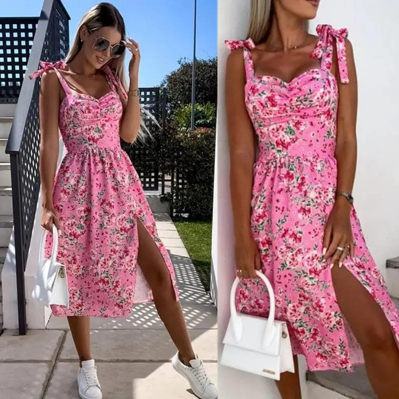 

Summer Women's Floral Printed Sleeveless Beach Party Slit Dress Sexy Casual Lace-Up Backless Strapless Sundress Sukienka#g5