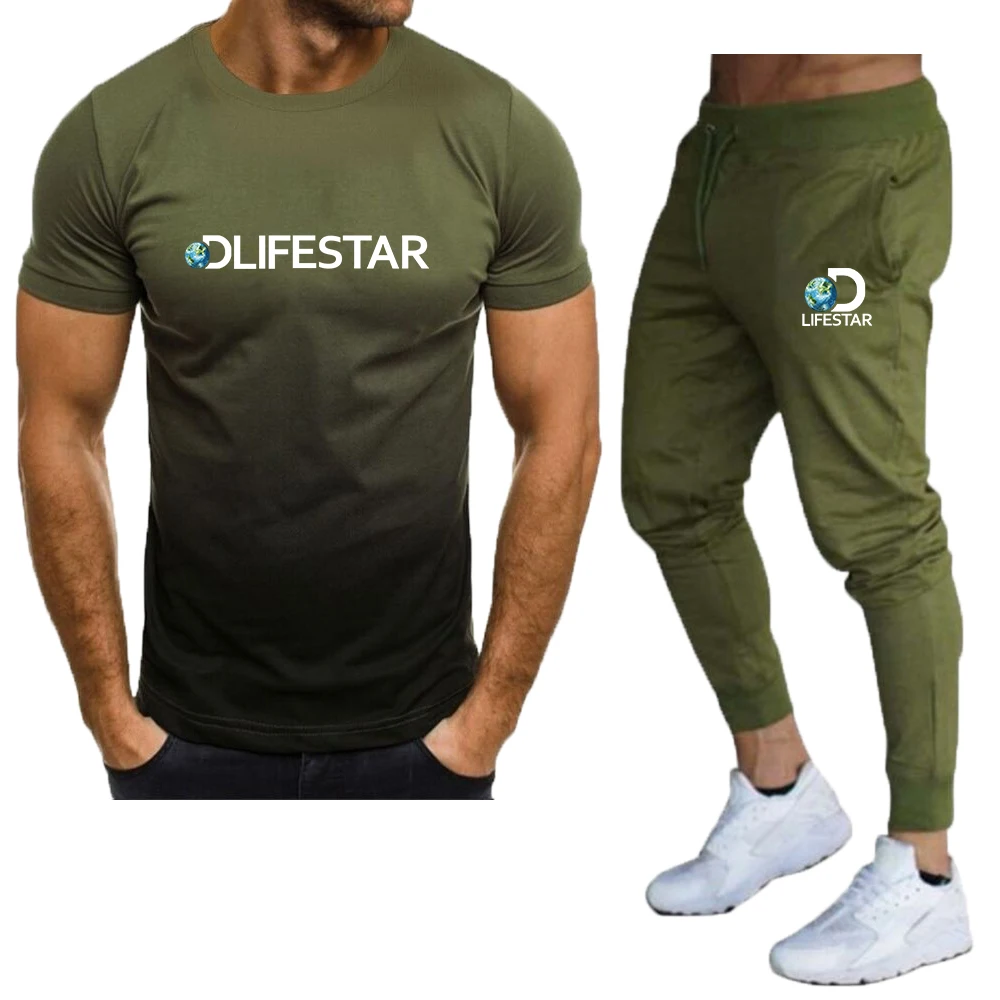 Men's T-Shirt Tracksuit Two Pieces Sets 2023 New Men Casual Fitness Sport Suit Short Sleeve T Shirt+Trousers Sportswear Sets