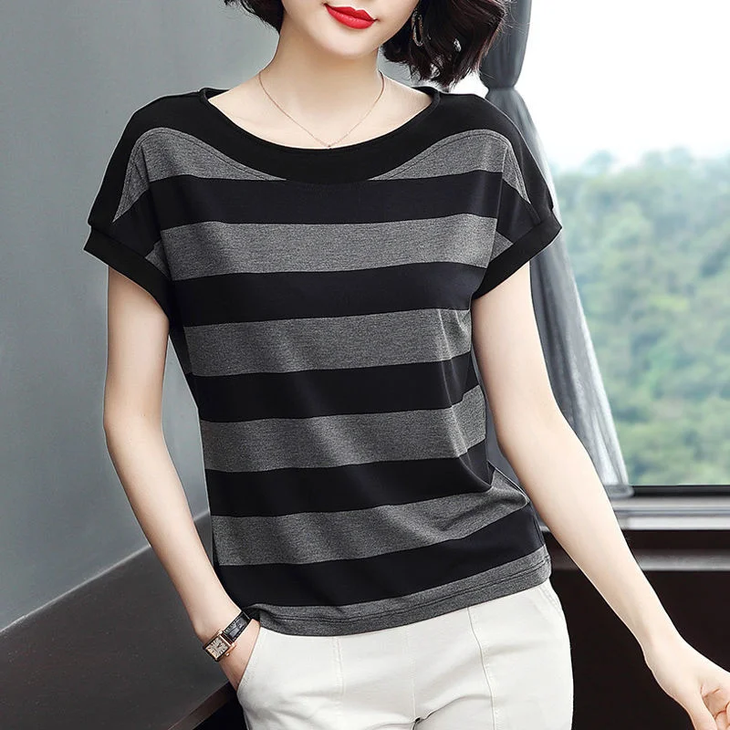 

2023 Striped Short-Sleeved T-shirt Women's Loose Large Size Women's T-shirt Summer Tops Woman Tshirts Tops Mujer Camisetas
