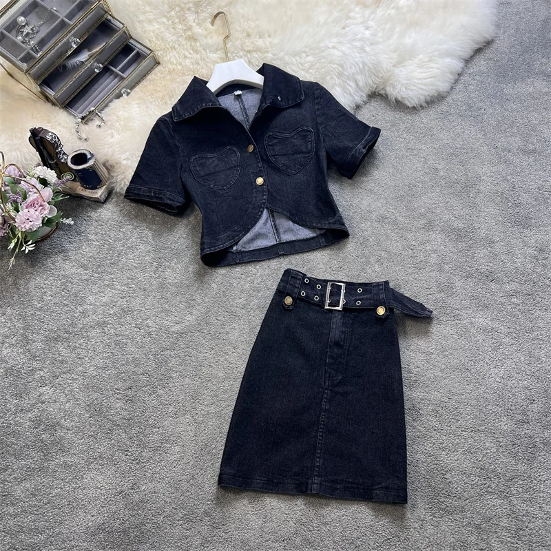 

Amolapha Women's Irregularity Denim Short Tops+High Waist Sashes Mini Skirt Clothing Suits