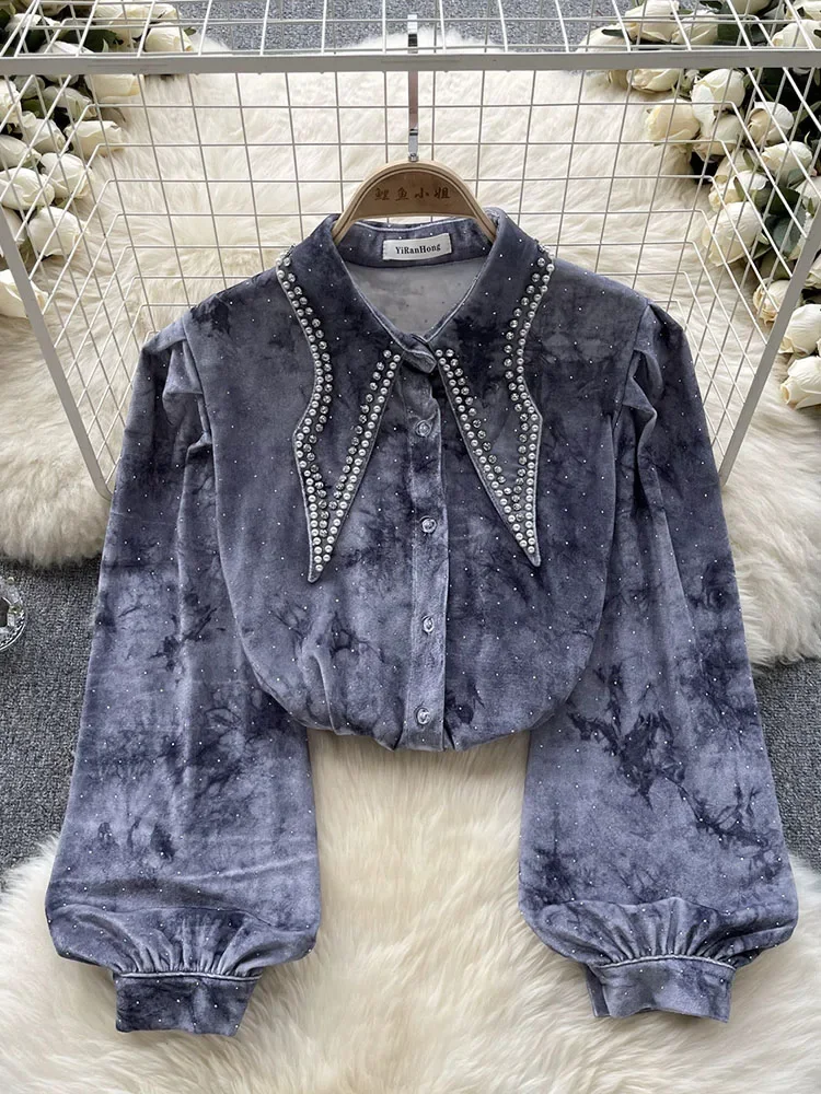 

Women Autumn Shirt 2023 New Korean Style Diamond Embedding Bubble Sleeve Shirt Loose Flocking Printed Long Sleeve Top D5191