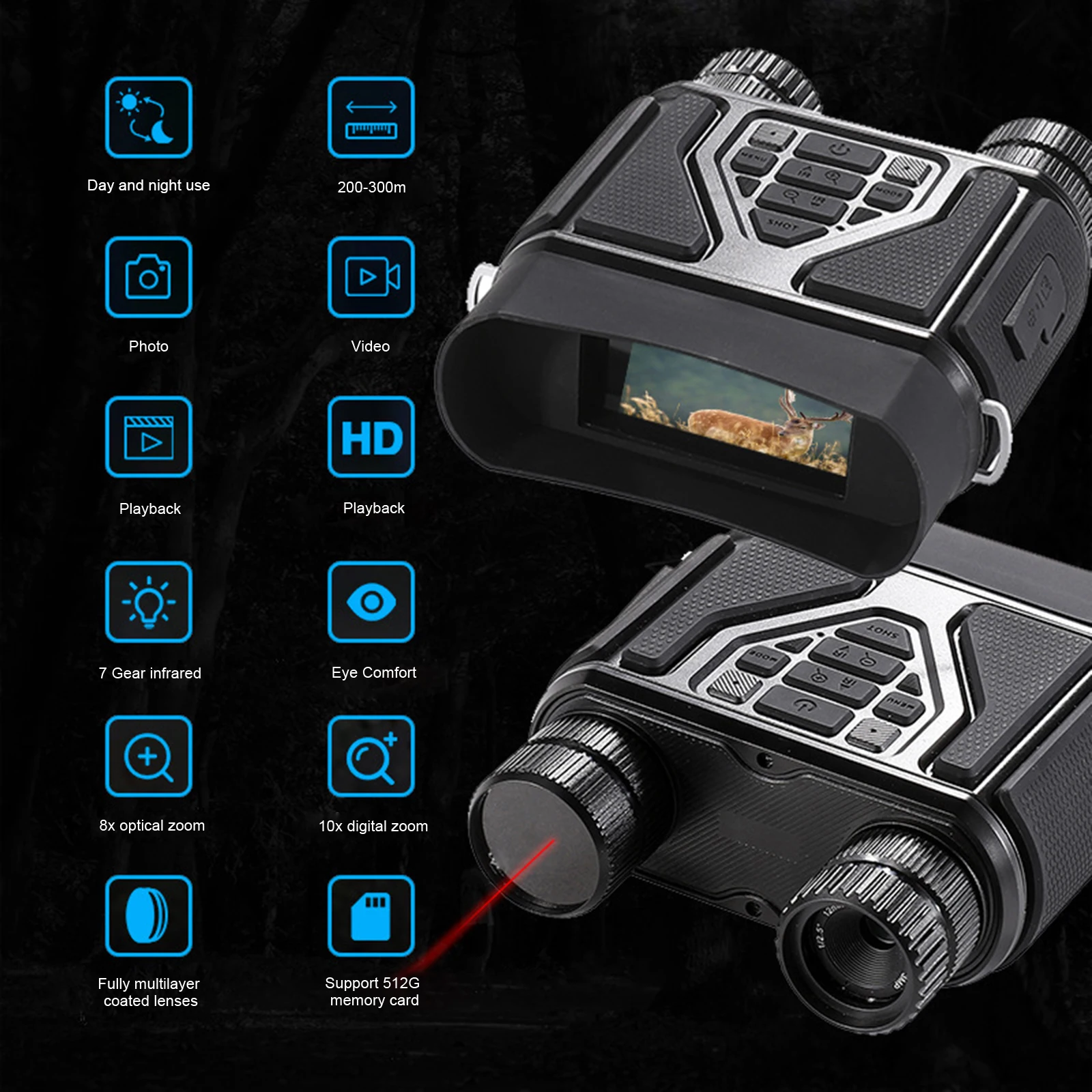 

Бинокулярный Инфракрасный прибор ночного видения 1080P HD с зумом 10x Telecope с видеозаписывающей камерой дневного и ночного двойного использования 300 м