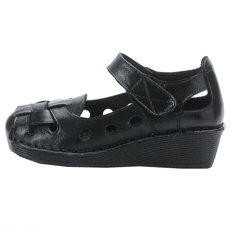 High Quality Roman Sandals Women’s Summer Genuine Leather Weave Shoes Mom Gladiator Lady Closed Toe Elderly Flat Wedged Sandals