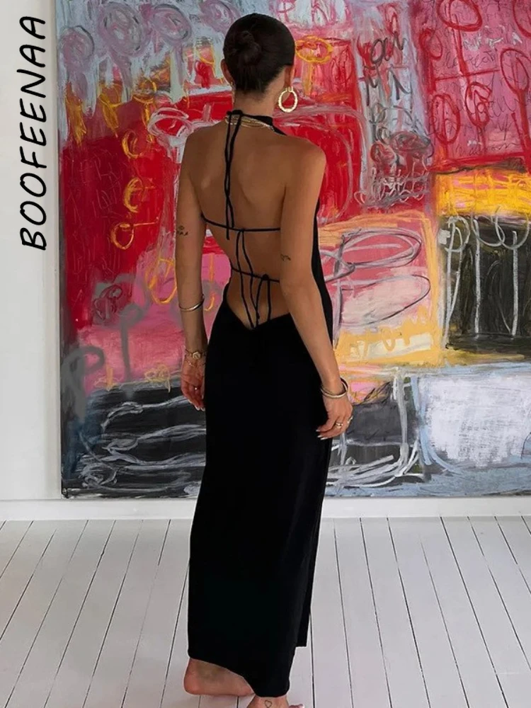 

BOOFEENAA Elegant Sexy Tie Up Backless Halter Long Dress for Ladies Party Night Club Wear Black Sundress Summer 2022 C83-BB21