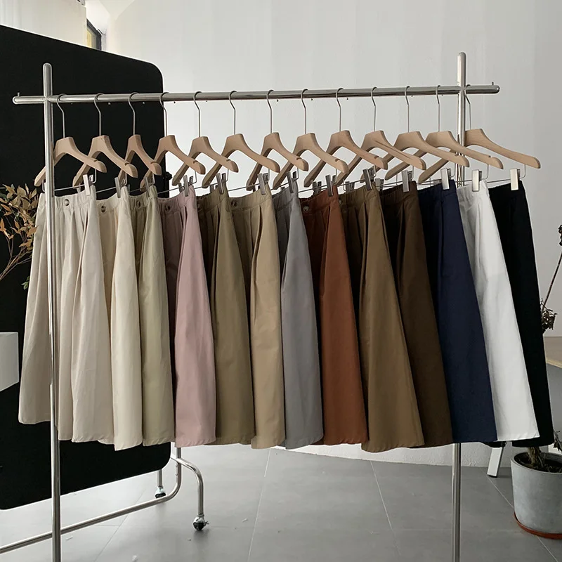 

Винтажная юбка А-силуэта, модная уличная одежда, элегантная шикарная однотонная универсальная уличная одежда с эластичным поясом, миди-юбка