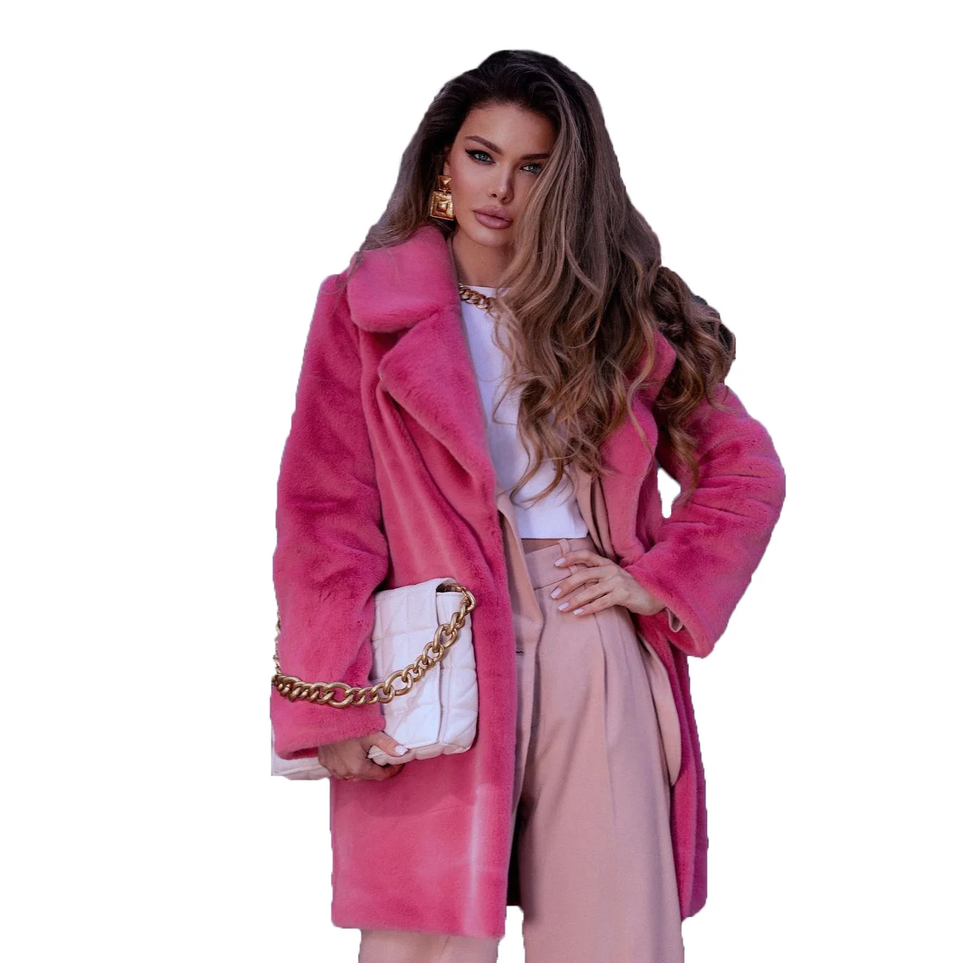 Women's Leather Fur Coat Mid-Length Imitation Fur Coat Top Women's Autumn and Winter Plush Faux Fur Coat