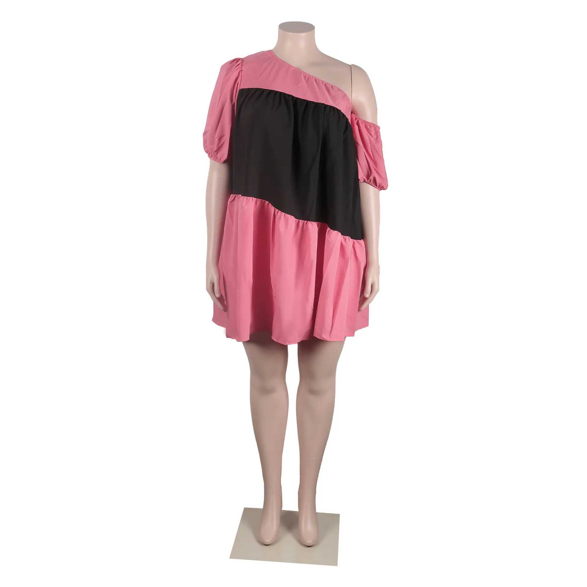 Plus Size Wide Mini Dress Patchwork Loose One Shoulder Women Cloth Chubby 2023 Summer Female Luxury Trendy Party New In Dress