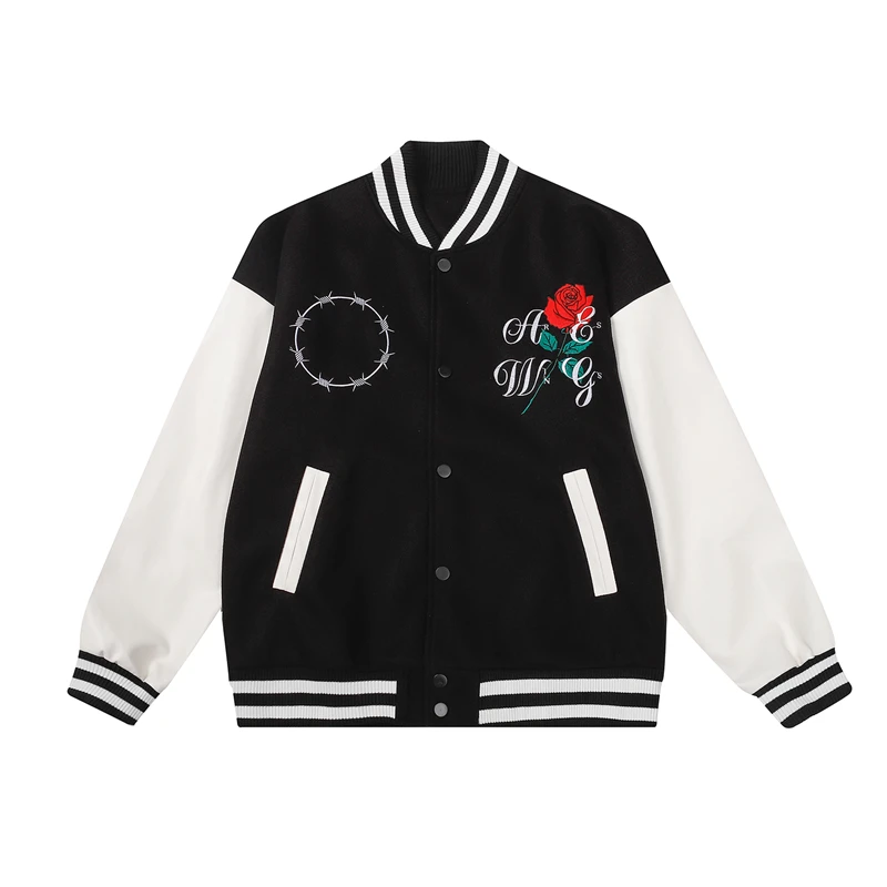 

Ветровка мужская с вышивкой в виде букв и роз, Толстая куртка в стиле ретро, уличная одежда в стиле пэчворк из искусственной кожи, с рукавами,...