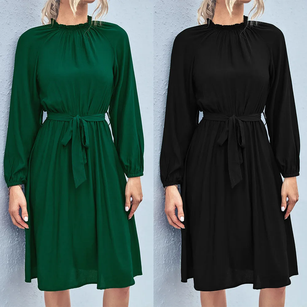 

Women's Long Sleeve Midi Dress Autumn Rotator Cuff Lace Dress