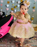 Gold Applique Pink Baby Girl Birthday Party Dress Glitz Knee Length Infant Clothes for Ceremony Flower Girl Dress