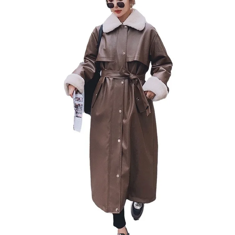 Женская зимняя высококачественная длинная куртка из искусственной кожи пальто с