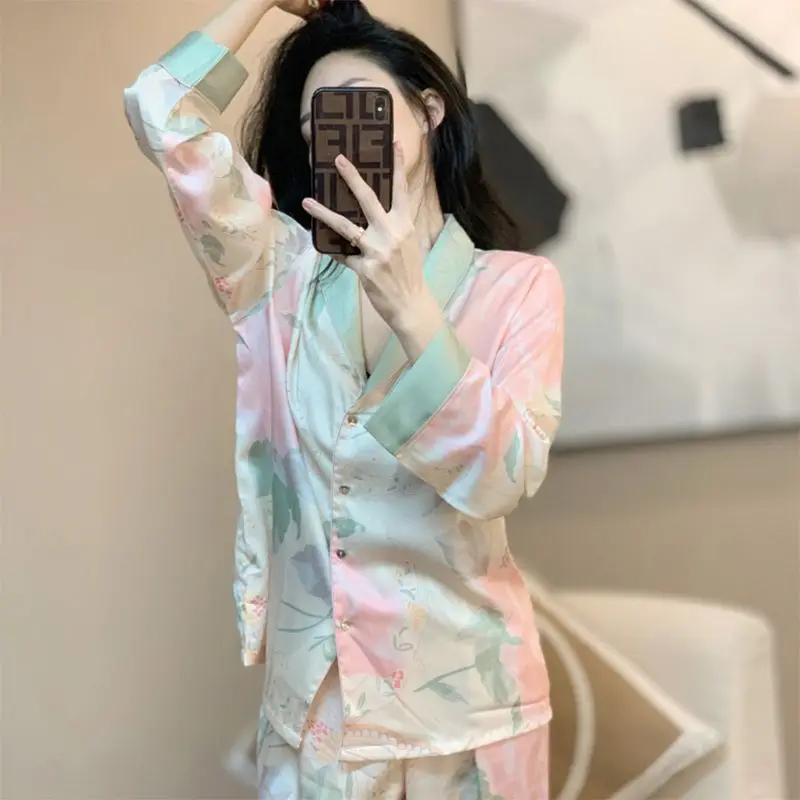 High-grade silk pajamas female the spring and autumn period and the new ice long-sleeved pants silk leisurewear suit