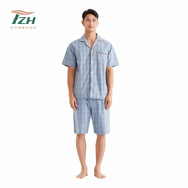 Tianzhu Brand Summer Men's V-neck Shorts Trousers Suit Thin Bamboo Fiber Moisture Wicking Refreshing Blue Homewear