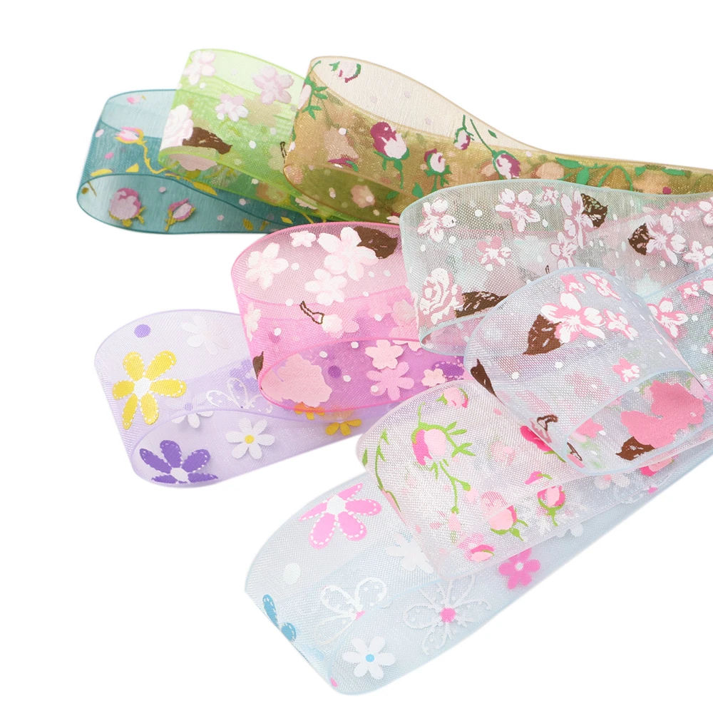 

25mm 50Yards Spring Flower Ink Printed Chiffon Ribbon DIY For Crafts, Hair Bows, Gift Wrapping, Wedding Party Decor,50Yc12597