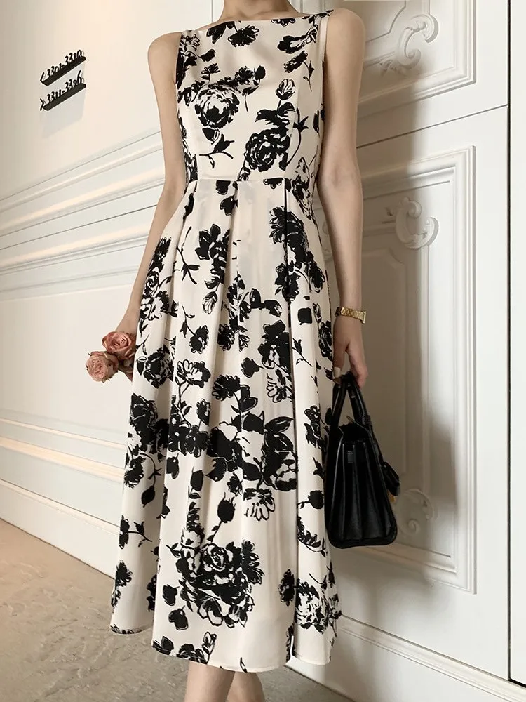 

Elegant Casual Floral Print Women Summer Dress Ladies Sleeveless Fashion Party Black Vestidos Female Vintage Holiday Clothes