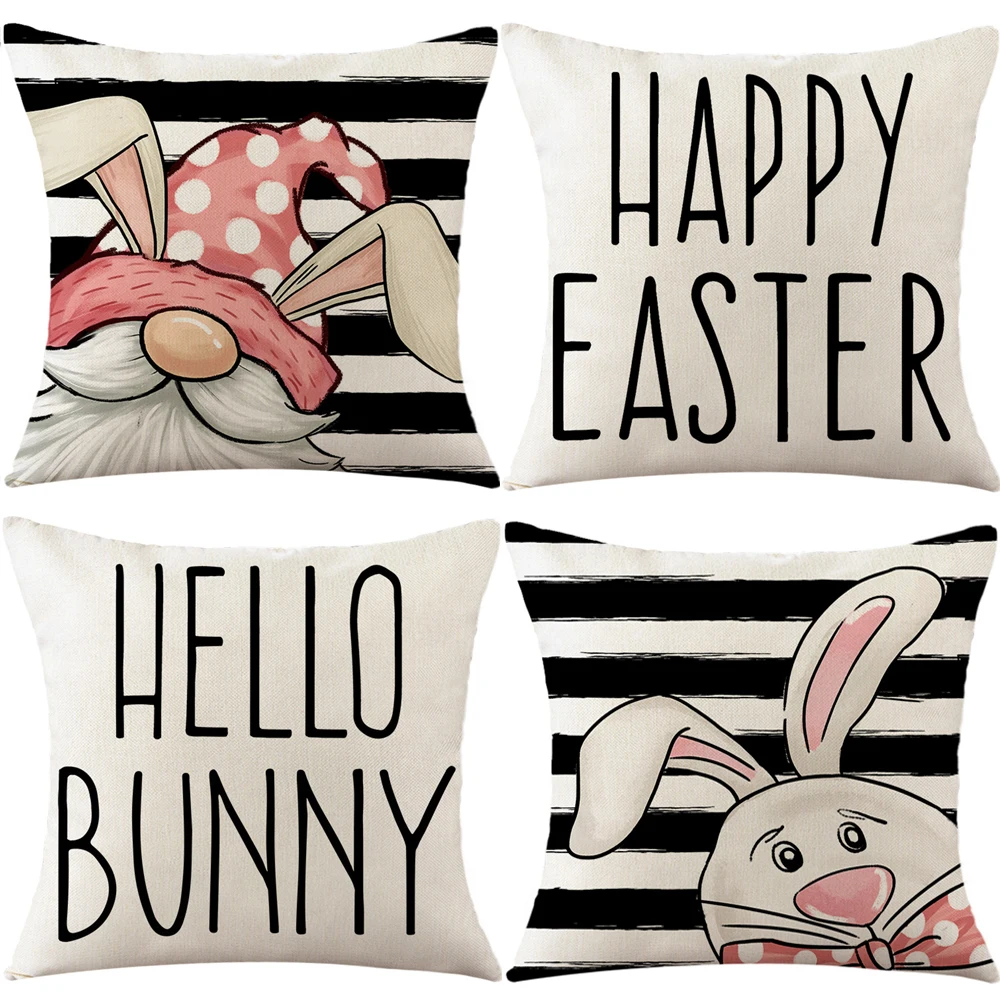 

2023 Spring Easter Decorations Pillows Cushion Cover 45x45cm Square Linen Pillowcase Black and White Striped Bunny Pillow Cover
