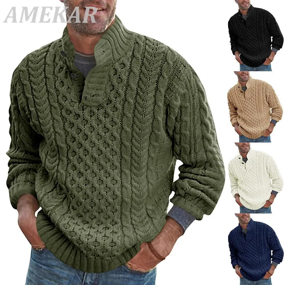 

Мужской трикотажный свитер с длинным рукавом, однотонный Повседневный пуговицы разных цветов с воротником, теплые свитера для осени