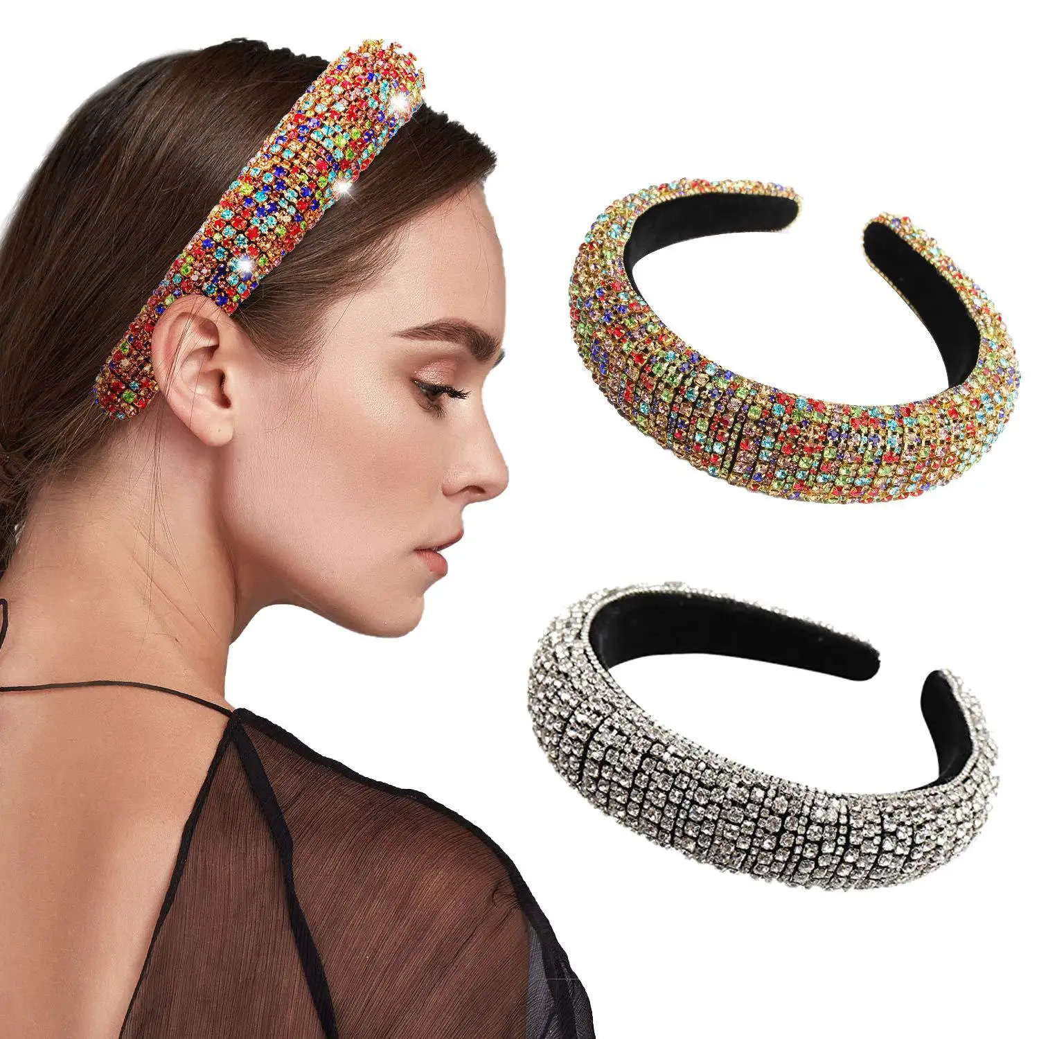 

Trend Womens Headwear Solid Color Full Rhinestone Plastic Hairband Wide-brimmed Headband Bride Hair Accessories New Fashion