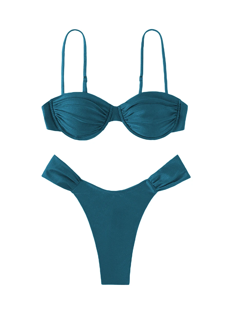 Женский купальный костюм бикини однотонный плиссированный бюстгальтер без