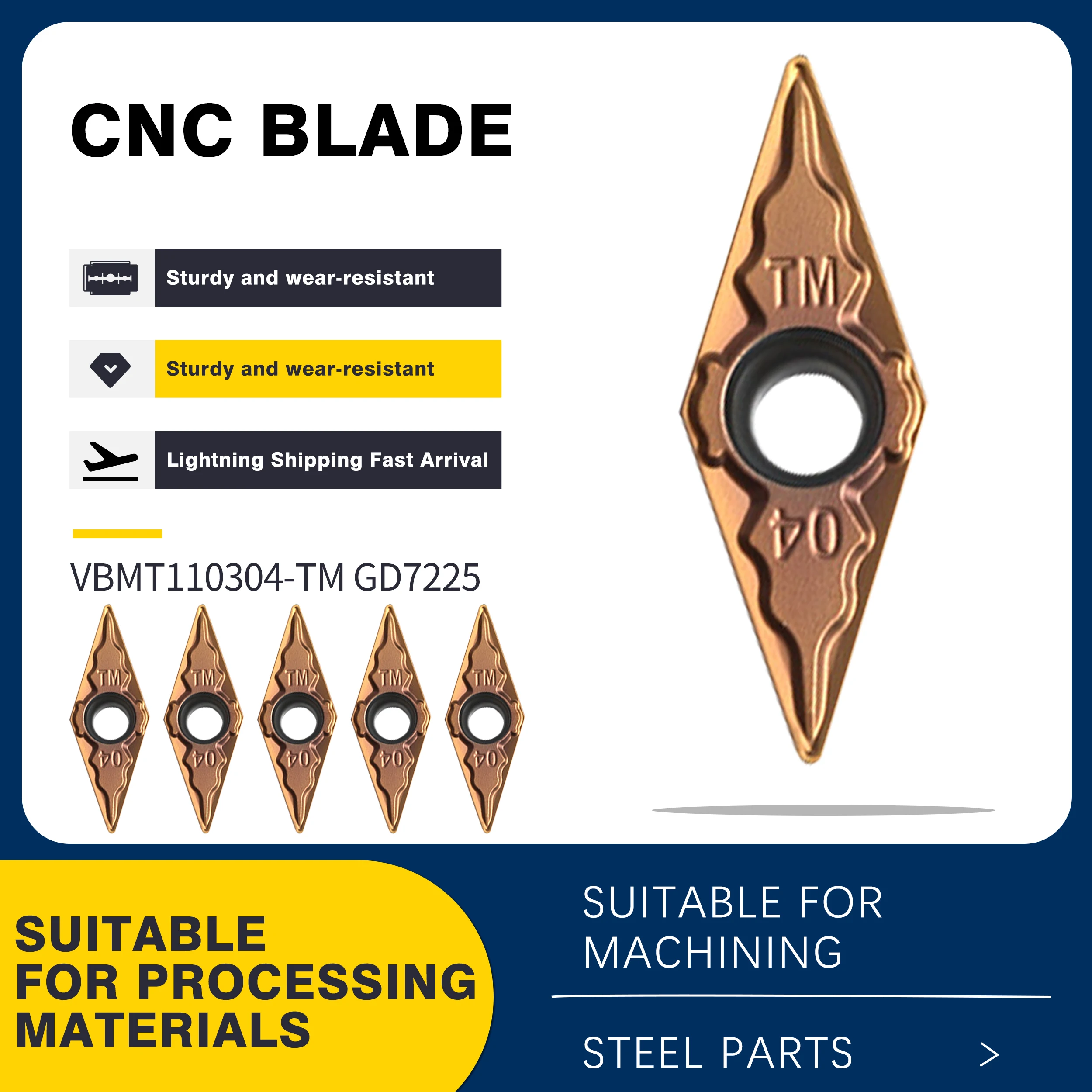 

VBMT110304-TM/VBMT110308-TM GD7225 Premium Cutting Inserts CNC Lathes Turning Tools High Quality Stainless Steel Carbide Blades