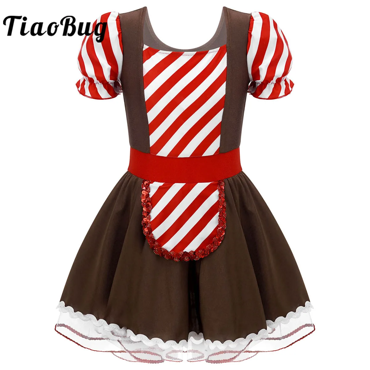 Kids Girl Gingerbread Costume Striped Bowknot Lace Trim Halloween Christmas Cosplay Dress Up Ballet Leotard Tutu Dress Dancewear