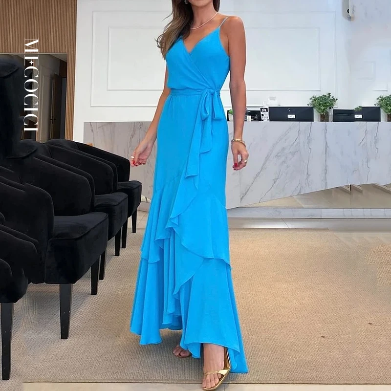 

MECOCICI Women Maxi Dress Summer Fashion Casual Solid V Neck Sling Nipped Waist Lace Up Ruffle Loose Elegant Beach Sexy Dresses