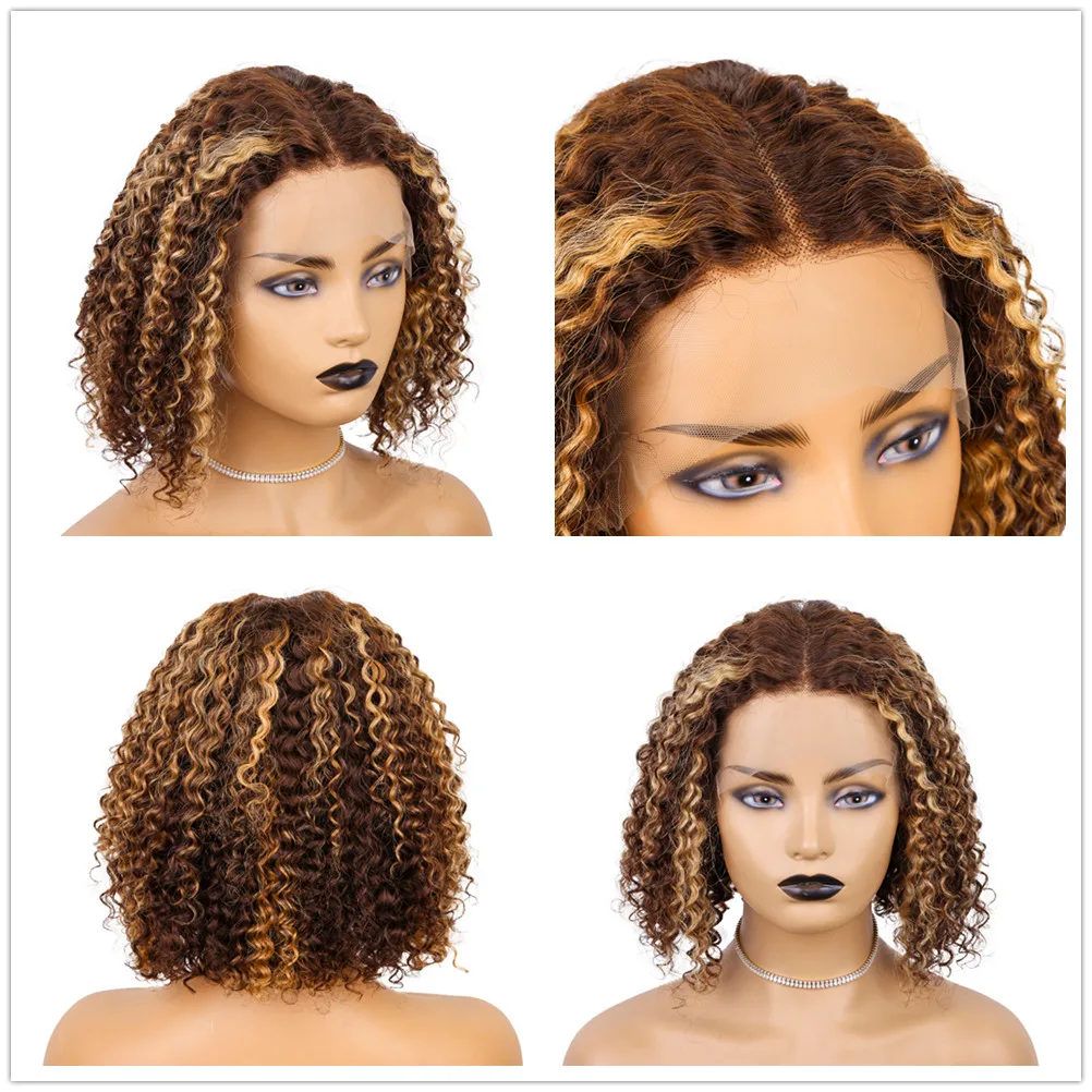 Curly Bob Wig Lace Front Wig Human Hair For Women Ombre Colored Hd Transparent Lace Bleached