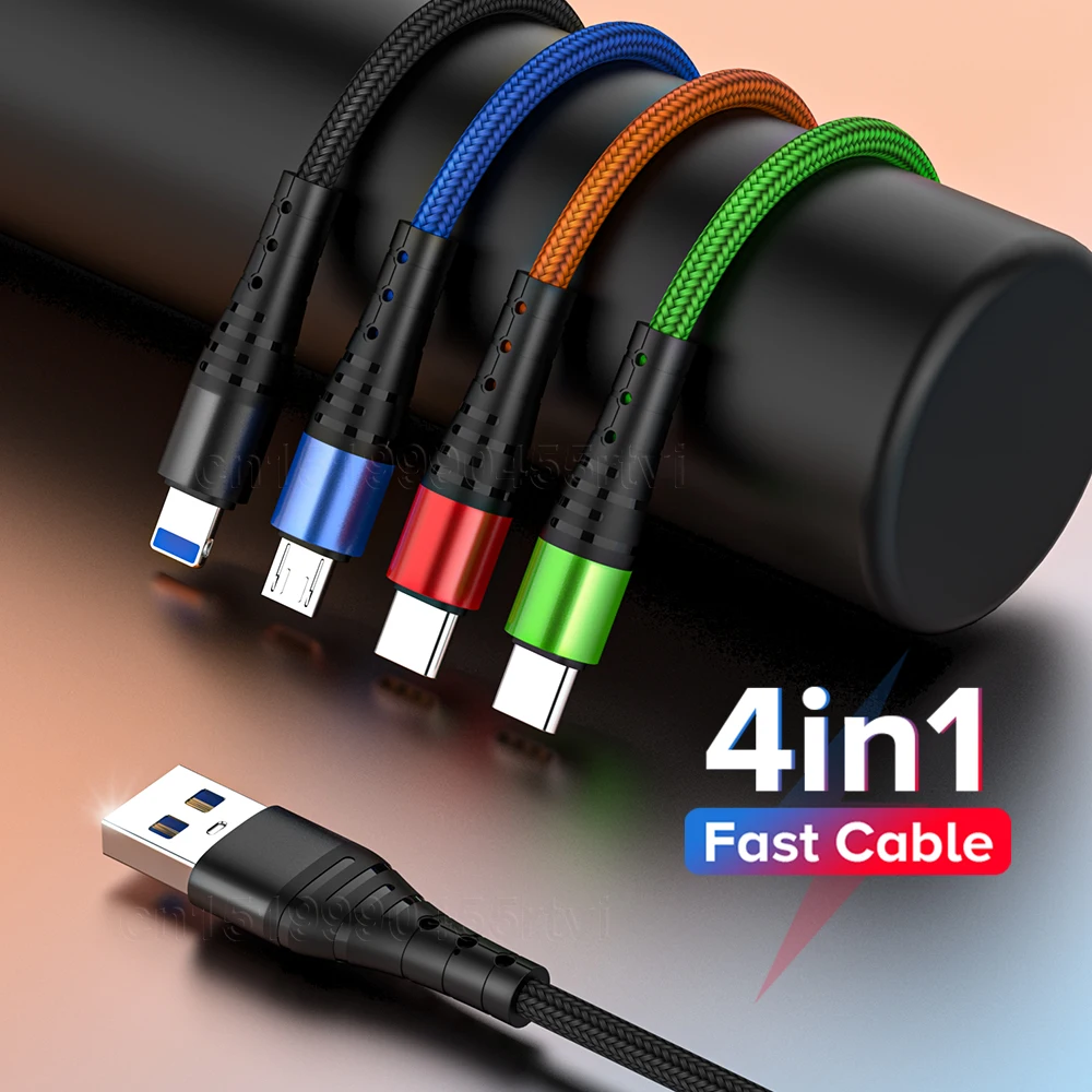 

4 in 1 USB Type C Charging Cable for iPhone 13 12 11 Pro 3in1 2in1 USB Charging Cable Micro USB Cable for Huawei Samsung 1.2M