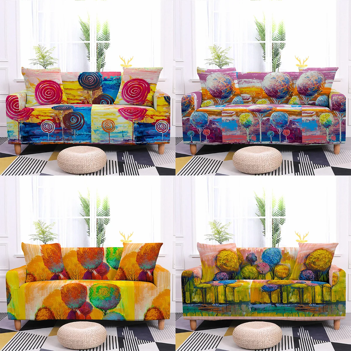 

Colorful Oil Painting Print Sofa Cover Stretch Antifouling Couch Cover Furniture Chair Cover Sofas for Living Room Cushion Cover