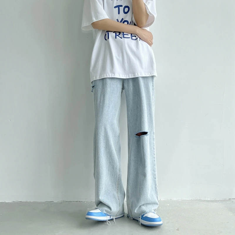 

Spring Light Blue Ripped Denim Wide-leg Pants Men Korean Style Fashion Straight Baggy Cropped Jeans Male Brand Clothing