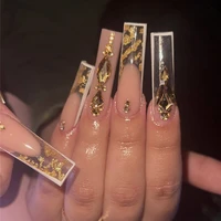 24pcs luxury rhinestone transparent gold foil french tip trendy y2k baddie elegant nail art long coffin press on acrylic nails