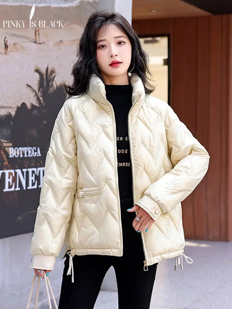 PinkyIsBlack Stand Collar Winter Jacket Women Bright Shiny Cotton Padded Warm Thicken 2022 Female Coat Short Parka Puffer Jacket