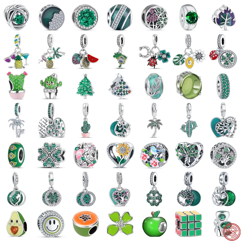 

925 Sterling Silver Green Apple Tree Clover Cactus Delicate Beads Fit Original Pandora Charms Bracelet Bangles DIY Women Jewelry
