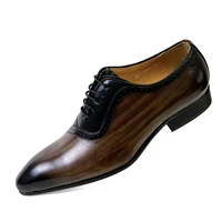 mens oxford shoes genuine cow leather handmade luxury wood color formal wear man wedding dress office pointed toe brogue shoes