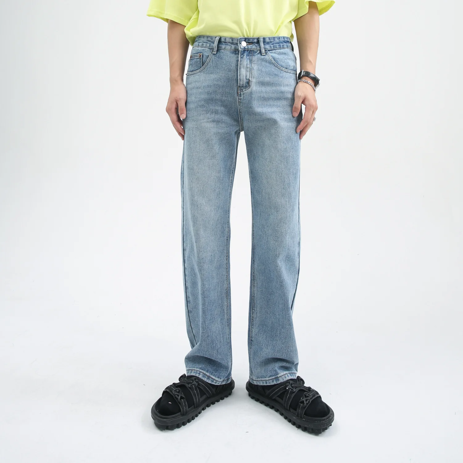 Four Seasons Men's Jeans Four Colors Loose Korean Wave Versatile Washed Ins Straight Wide Leg Pants Trend High Street Y2k Jeans