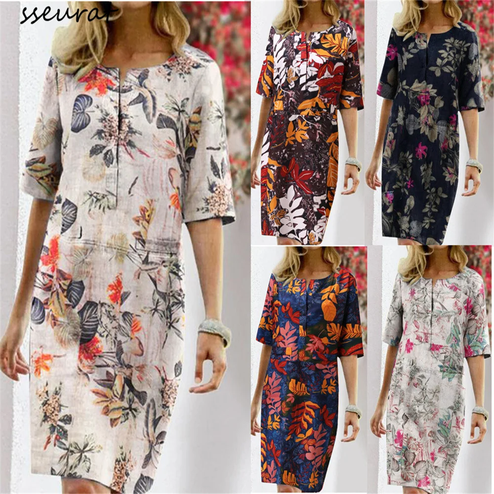 

Женское винтажное платье с принтом SSEURAT, свободное повседневное пляжное платье с рукавом до локтя и V-образным вырезом, лето 2022