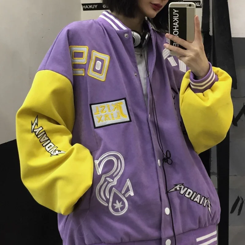 

America Bomber Baseball Jacket Purple Embroidery Letter Female Men Jacket Women Harajuku Plus Size Streetwear Outerwear Goth