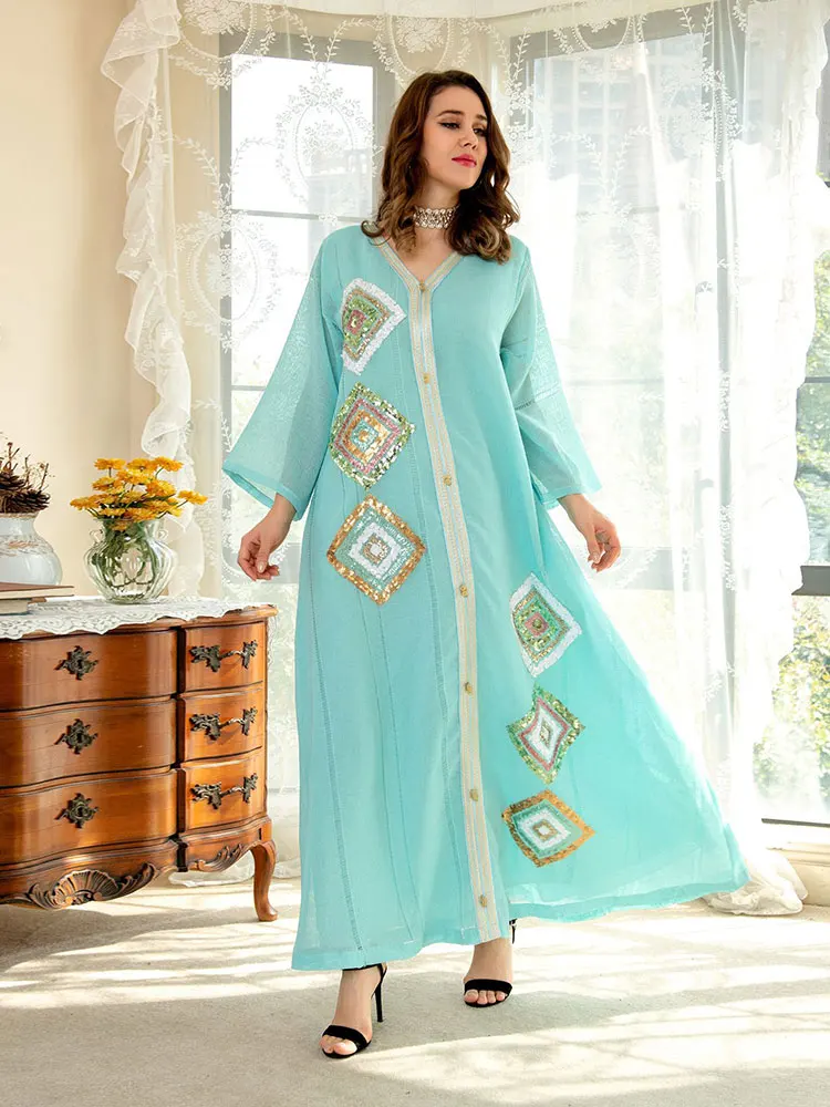 

Женский льняной кафтан с блестками, свободный вечерний халат в арабском стиле