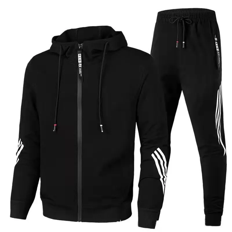 2023 Men's New Popular Running Suit Casual Fashion Suit Outdoor Sports Suit Solid Color Hooded Striped Sweater Pants Men's Suit