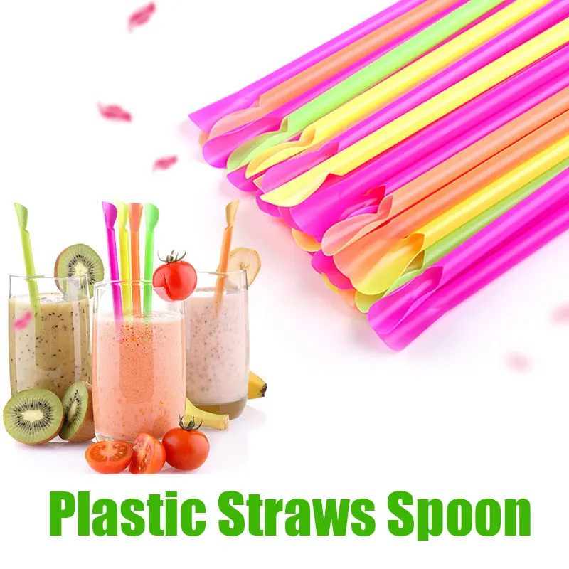 

100pcs Plastic Spoon Straws Drinking Beverages Spoon Bar Pub Slush Straw For Birthday Celebration Party Ice Supplies Wholesale