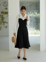 dushu slightly fat lady polo collar full regular sleeve dress patchwork design mid calf a line dress office lady solid skirts