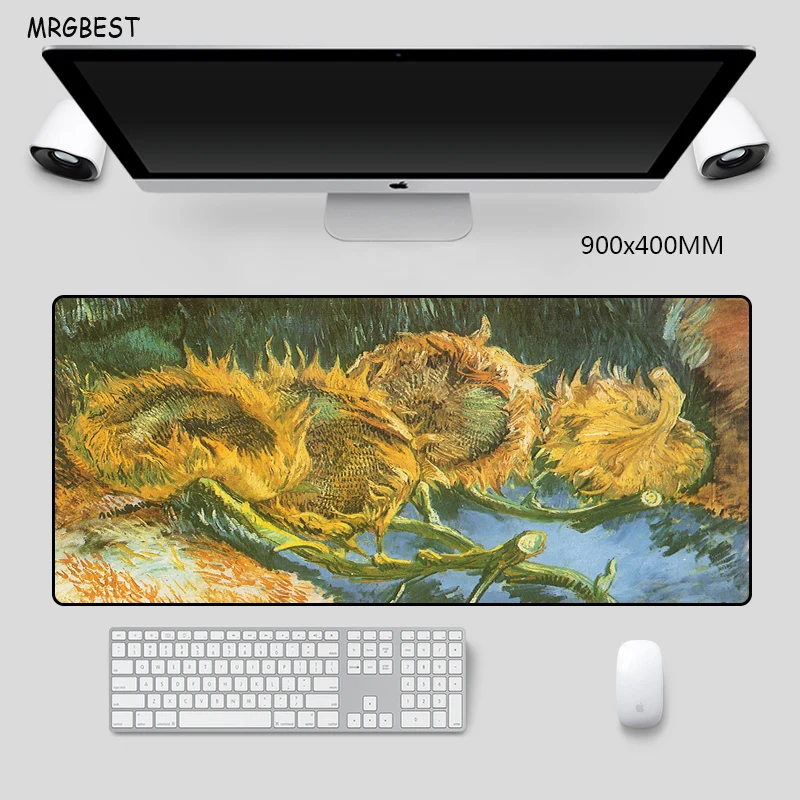 

MRGBES Mouse Pad Big Artwork Vincent Van Gogh Sunflowers Classic with Locking Edge Nature Rubber Desk Mat 40x90cm for Gamer