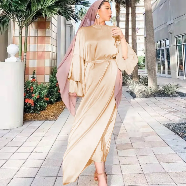 ИД мусульманский модный хиджаб платье с расклешенными рукавами арабские атласные платья для женщин Дубай Abaya Турция Исламская одежда кафта...